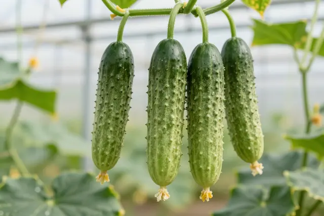 Four fresh spiny cucumbers hang from a vine inside a blurred greenhouse.