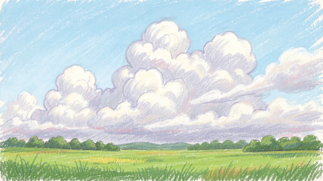 Soft pastel chalk drawing of towering cumulus clouds above a lush green summer field