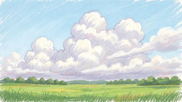 Soft pastel chalk drawing of towering cumulus clouds above a lush green summer field