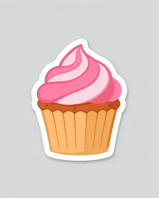 Flat illustration cupcake sticker with pink swirled frosting and white border on light gray background