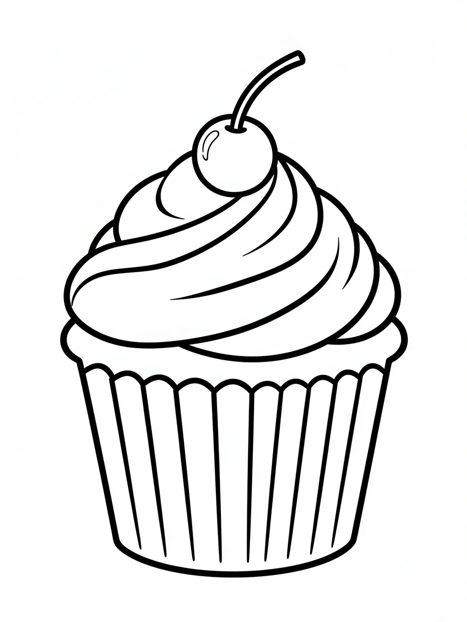 Black and white bold line art of a swirled frosted cupcake topped with a cherry on a plain white background