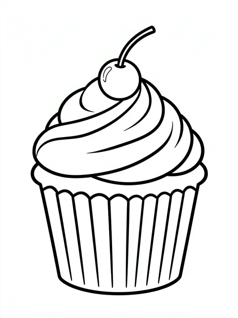 Black and white bold line art of a swirled frosted cupcake topped with a cherry on a plain white background