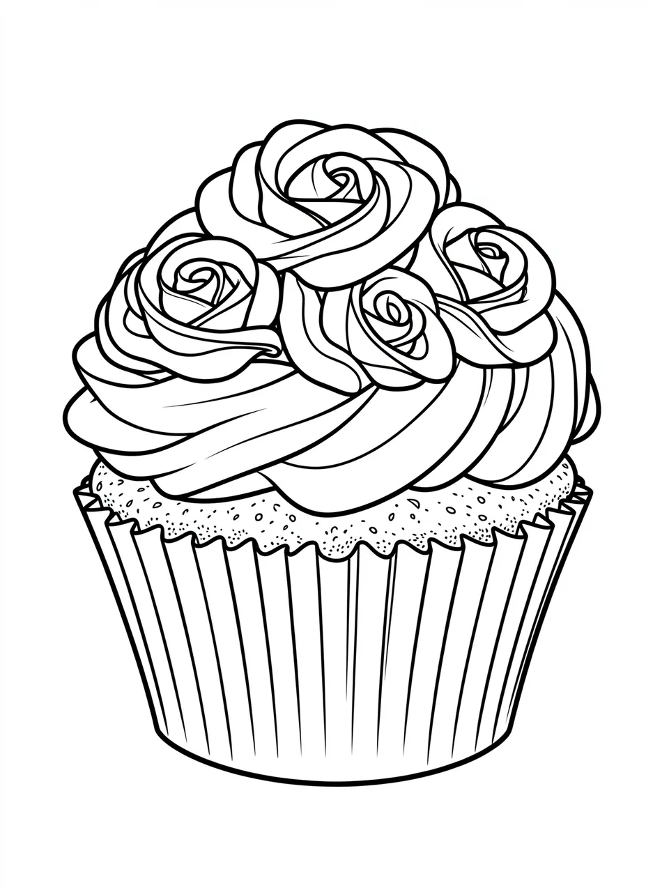 Black and white line art illustration of a cupcake topped with piped rose frosting on a plain white background