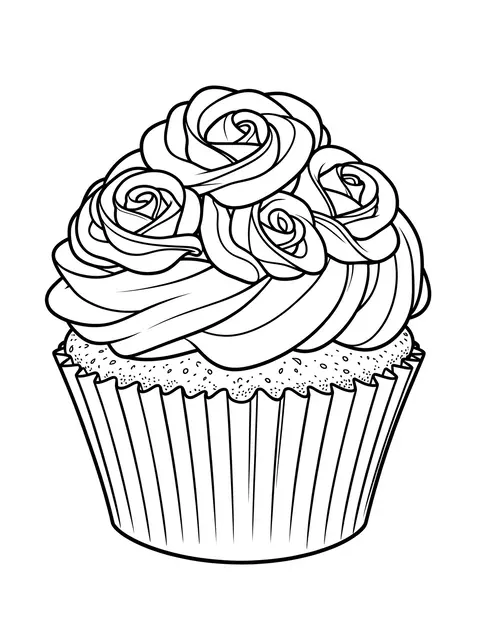 Black and white line art illustration of a cupcake topped with piped rose frosting on a plain white background
