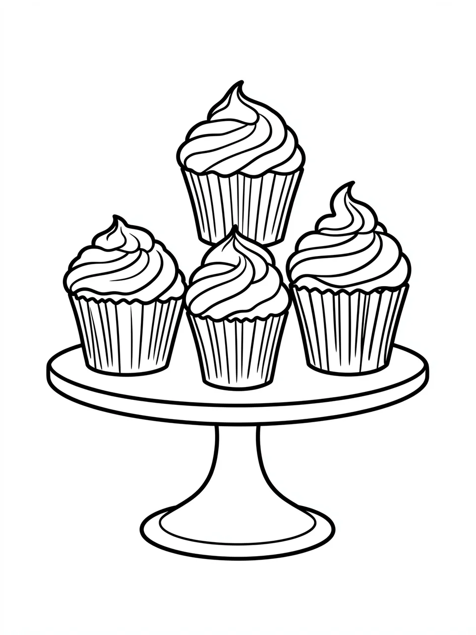 Black and white bold line art of four frosted cupcakes arranged on a single tier cake stand
