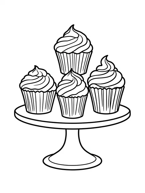 Black and white bold line art of four frosted cupcakes arranged on a single tier cake stand