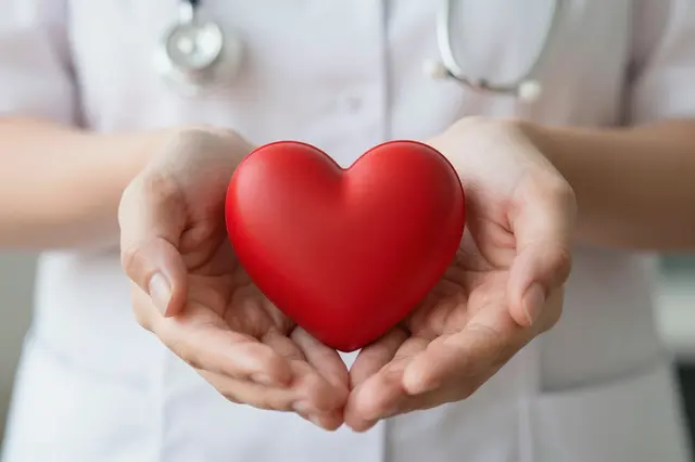 A medical worker holds a smooth red heart shape in cupped outstretched hands