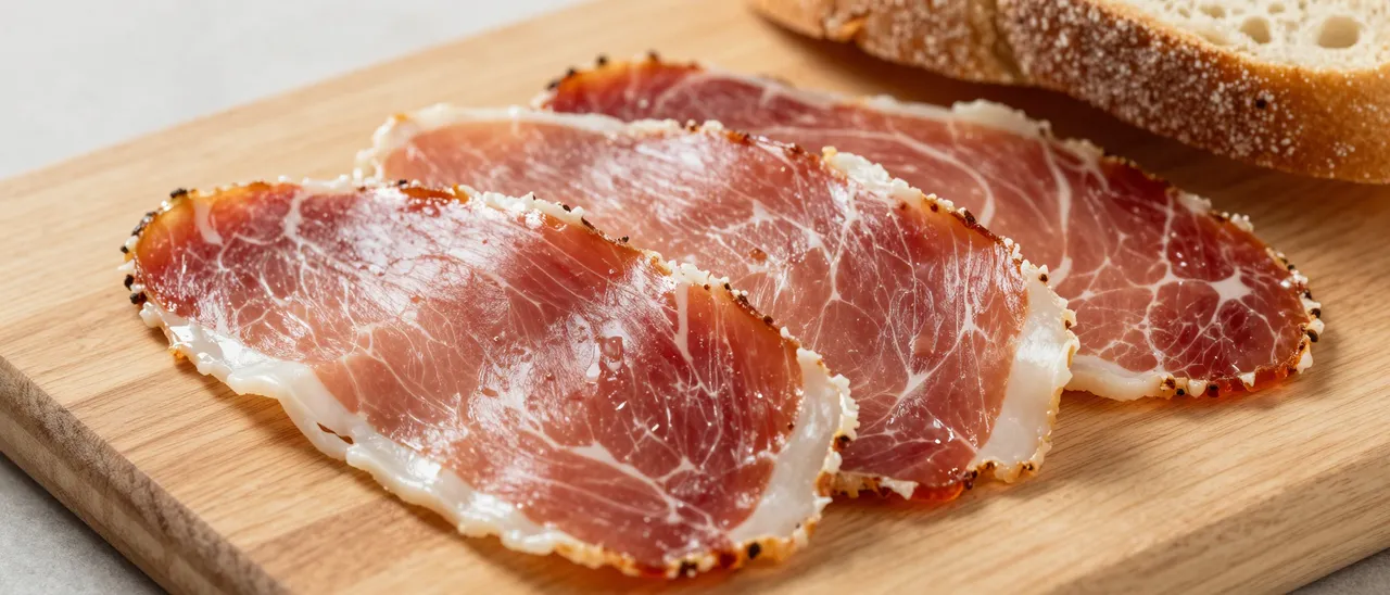 Thin cured ham slices sit alongside crusty bread on a light wooden cutting board.