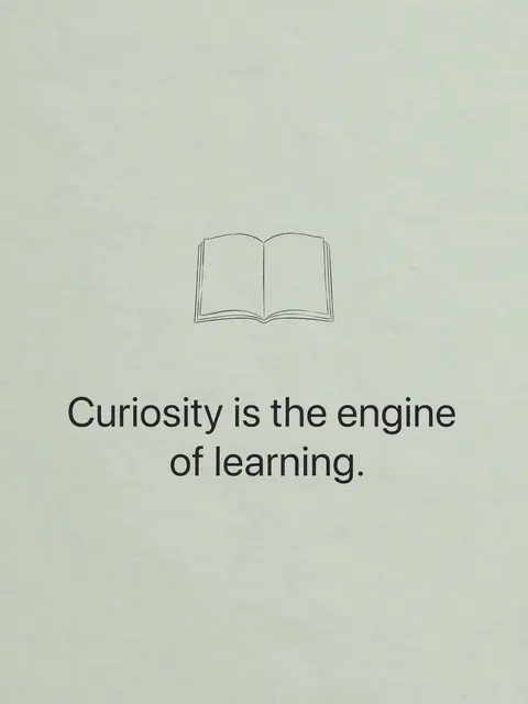 Line drawing of an open blank notebook above the quote "Curiosity is the engine of learning." on a soft sage background
