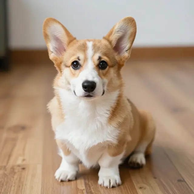 A fluffy tan and white corgi puppy sits upright on a light wooden floor looking toward the camera.