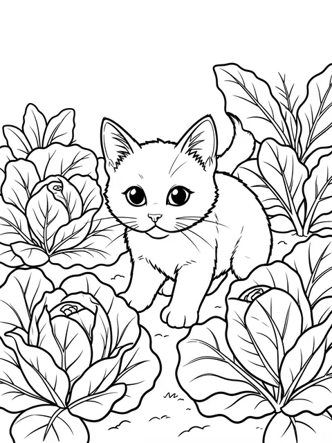 Black and white line art of a curious kitten standing among cabbages in a garden patch