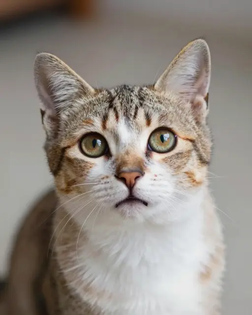 A close-up portrait of a tabby and white kitten looking upward with wide curious green eyes