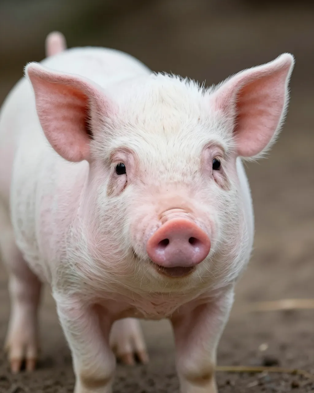 A young pink piglet stands facing the camera on a dirt surface with large upright ears and a gentle expression.