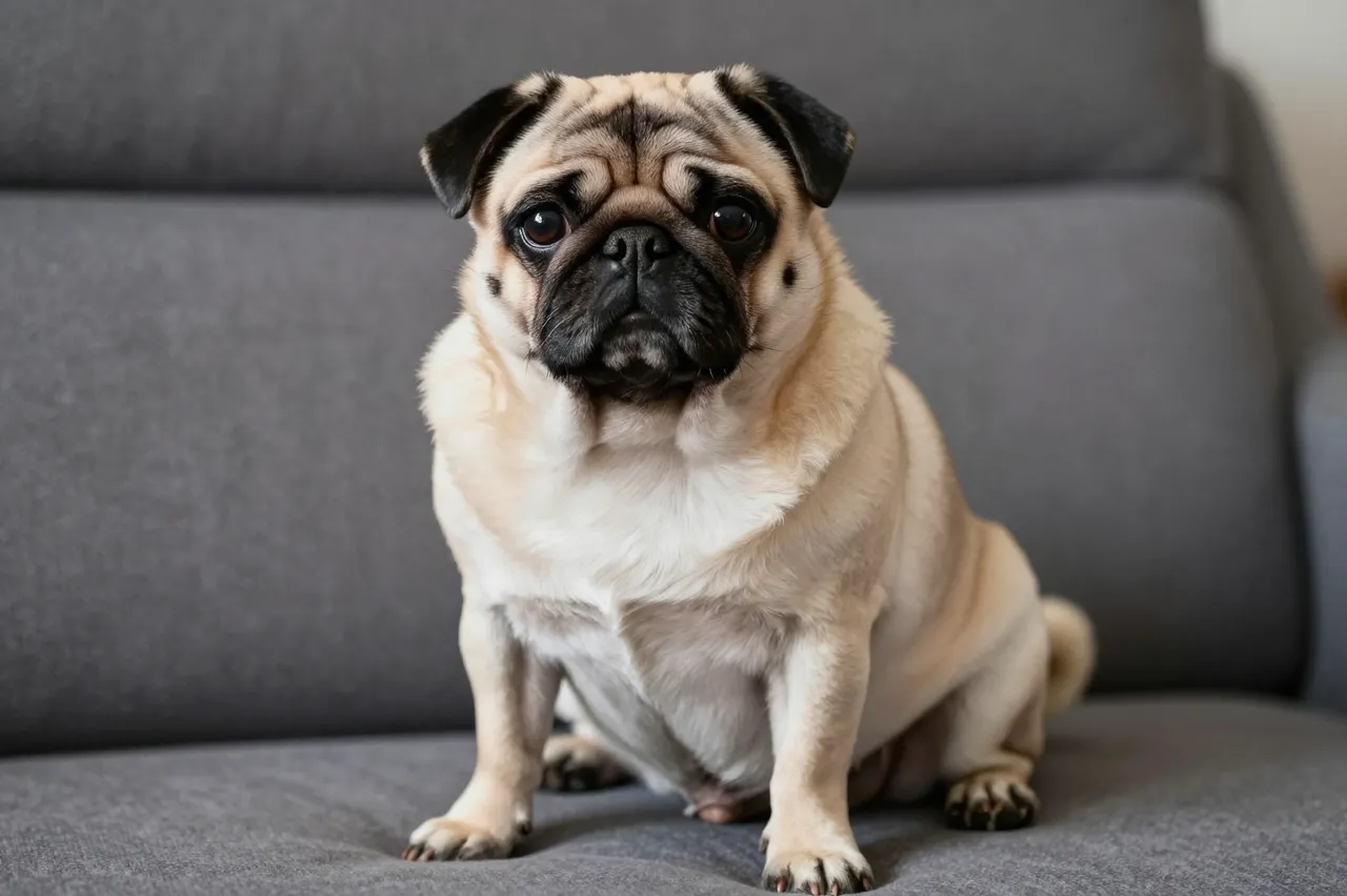 A fawn pug sits upright on a gray fabric sofa looking directly at the camera with a curious expression