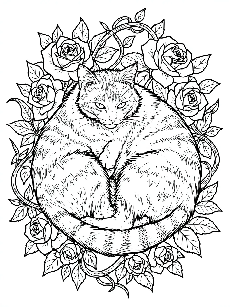 Intricate black and white line art of a curled cat surrounded by roses and twisting vines on a plain white background