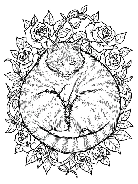 Intricate black and white line art of a curled cat surrounded by roses and twisting vines on a plain white background