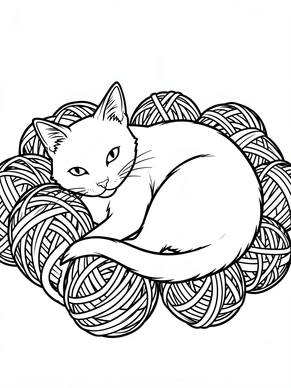Black and white line art of a curled cat resting surrounded by balls of yarn on a plain white background