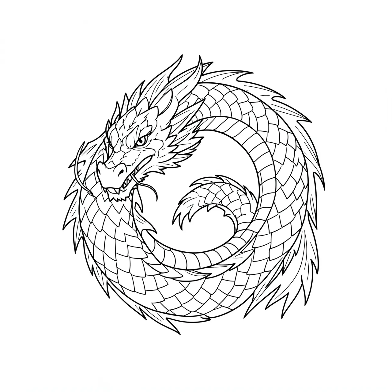Black line art of a coiled eastern dragon set against a plain white background