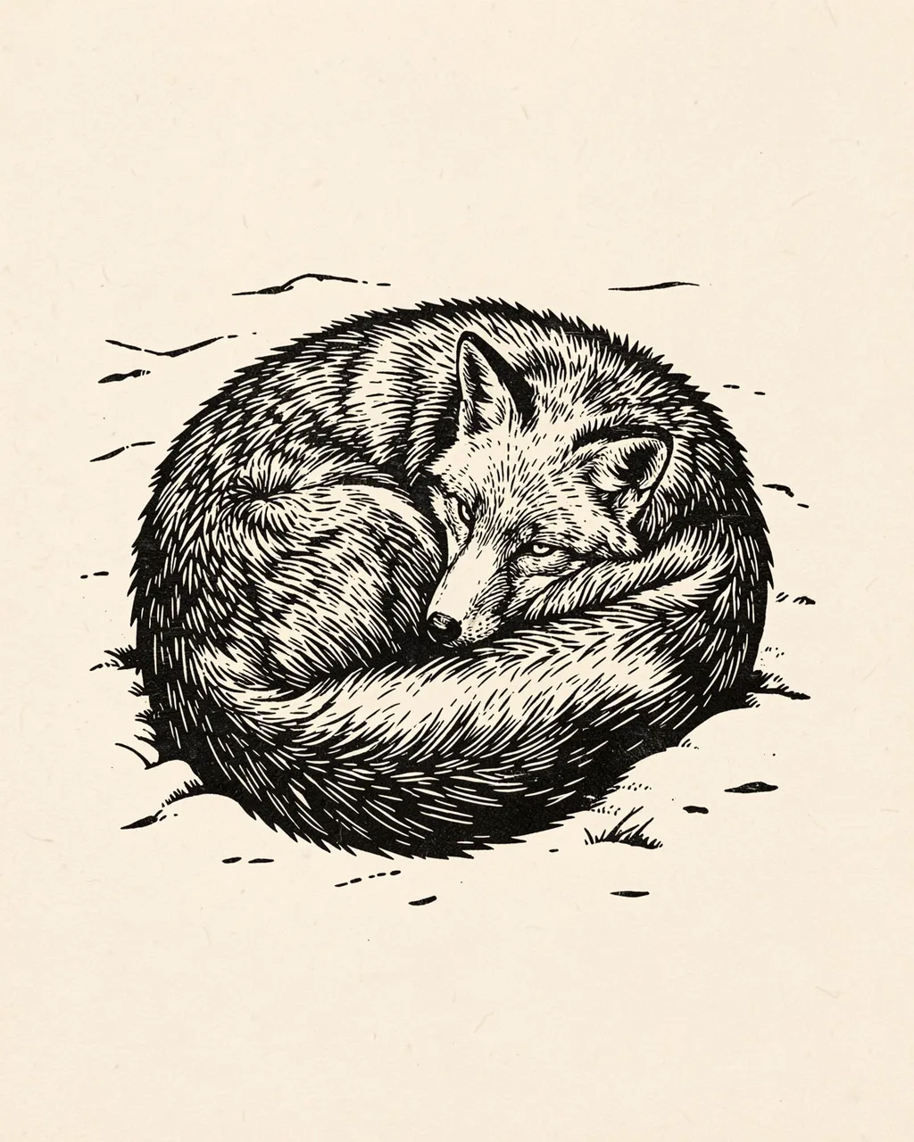 A detailed black linocut print of a curled resting fox on cream textured paper
