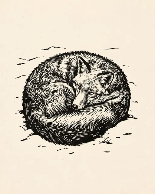 A detailed black linocut print of a curled resting fox on cream textured paper