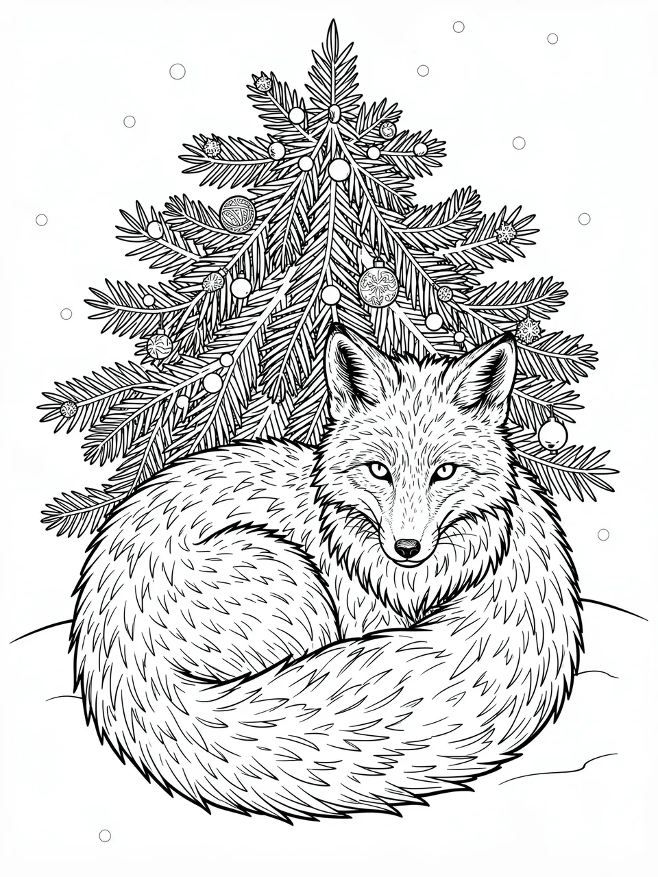 Black and white line art of a curled fox resting beneath an ornamented evergreen pine with falling snow