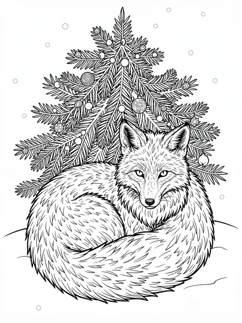 Black and white line art of a curled fox resting beneath an ornamented evergreen pine with falling snow