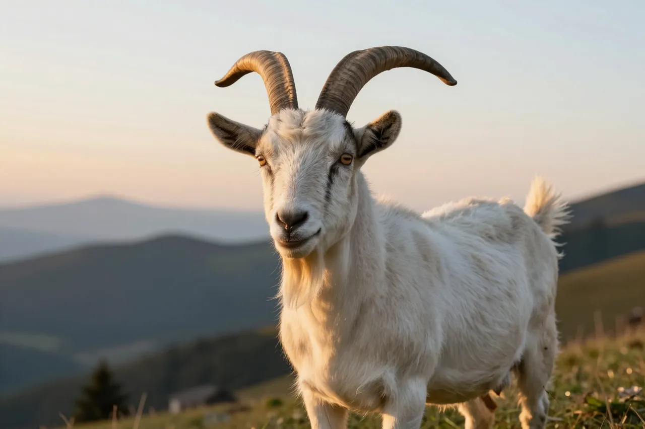 A white goat with large curled horns stands on a grassy mountain slope at soft golden sunset