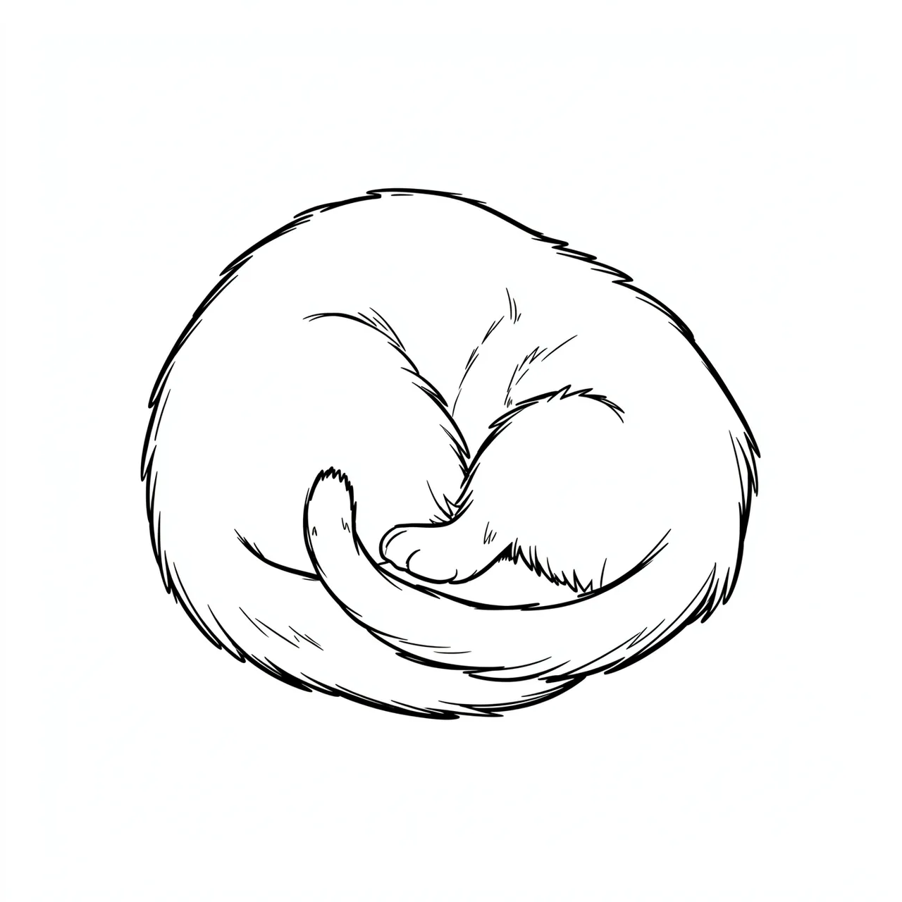 Simple black line art of a kitten curled tightly into a resting ball on a plain white background