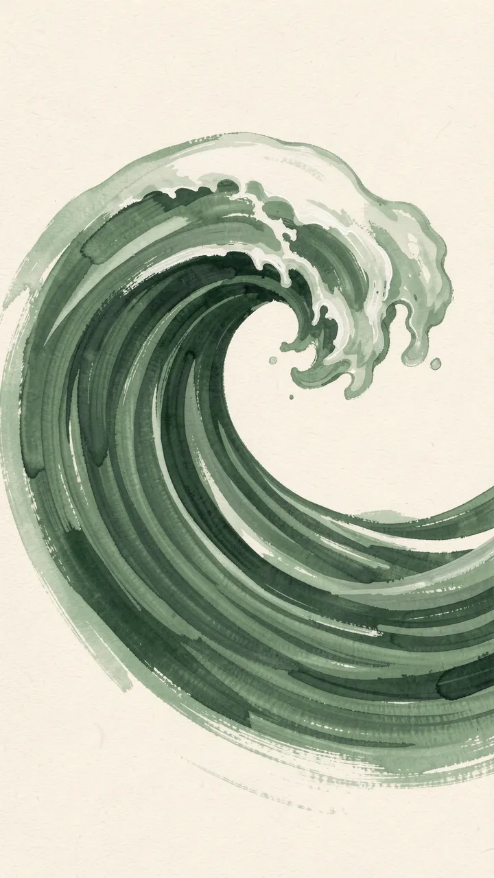 Gouache illustration of a curling sage matcha-colored wave set against a soft cream background