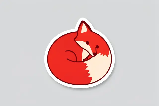 A cute flat die-cut sticker of a curled red fox with a white border on a light gray background