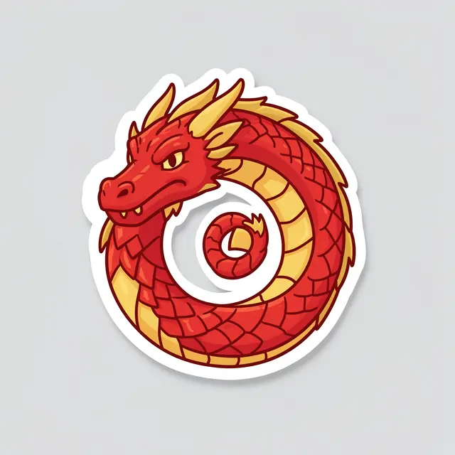 Die-cut sticker of a curled red and gold dragon on a plain light gray background