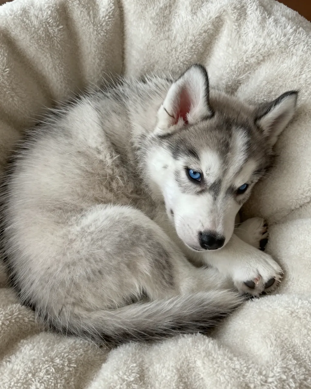 Fluffy gray Siberian husky puppy with bright blue eyes rests curled on a soft cream wool blanket