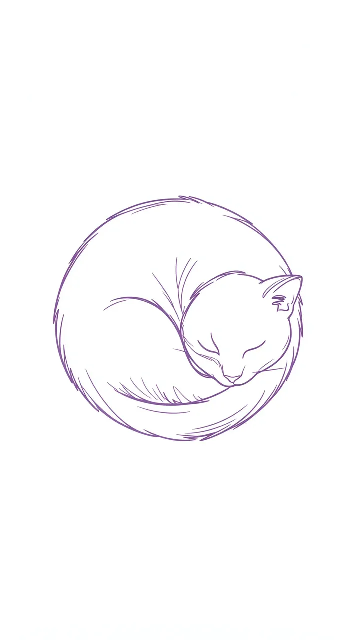 Minimal purple line art of a cat curled into a circle, sleeping against a plain light background