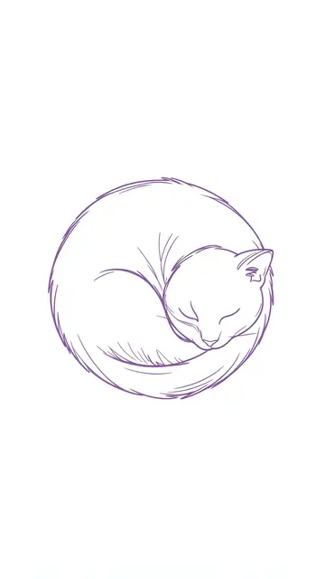 Minimal purple line art of a cat curled into a circle, sleeping against a plain light background
