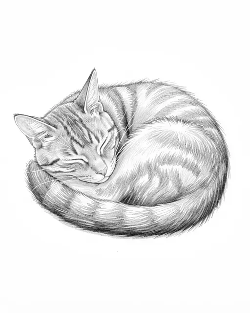 A detailed graphite pencil sketch of a tabby cat curled up asleep on a plain white background