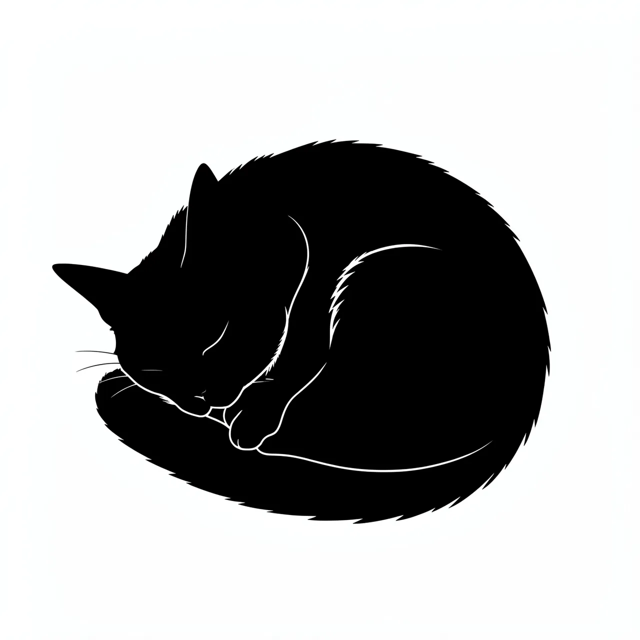 Solid black silhouette of a curled sleeping cat against a plain white background