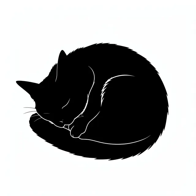 Solid black silhouette of a curled sleeping cat against a plain white background