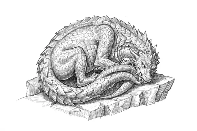 Graphite pencil sketch of a curled sleeping dragon resting on a rocky stone ledge