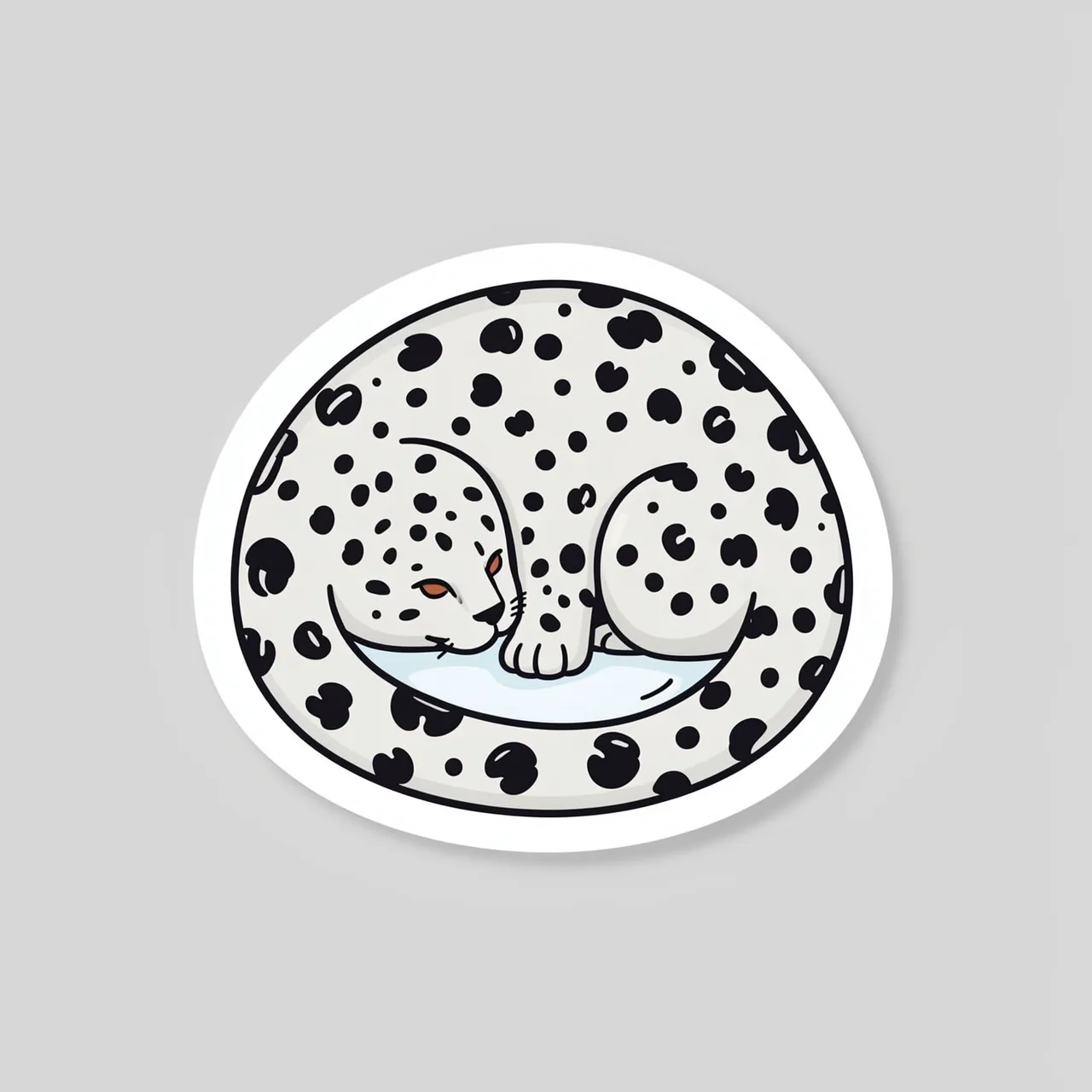 A cute flat illustration sticker of a curled resting snow leopard with a white border on a light gray background