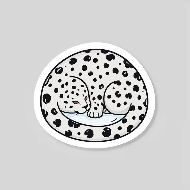 A cute flat illustration sticker of a curled resting snow leopard with a white border on a light gray background