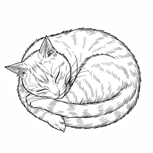 A detailed black line drawing shows a cat curled tightly into a circle while asleep on a plain white background