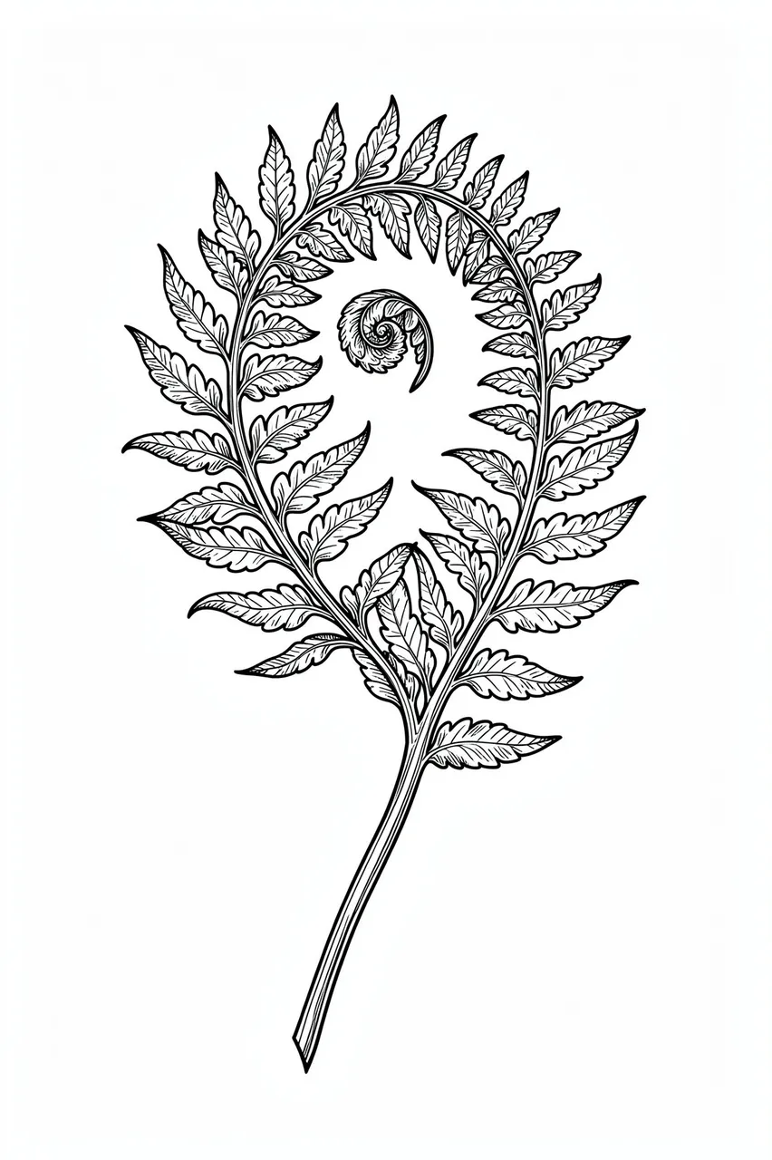 Detailed black line art of an unfurling fern frond on a plain white background