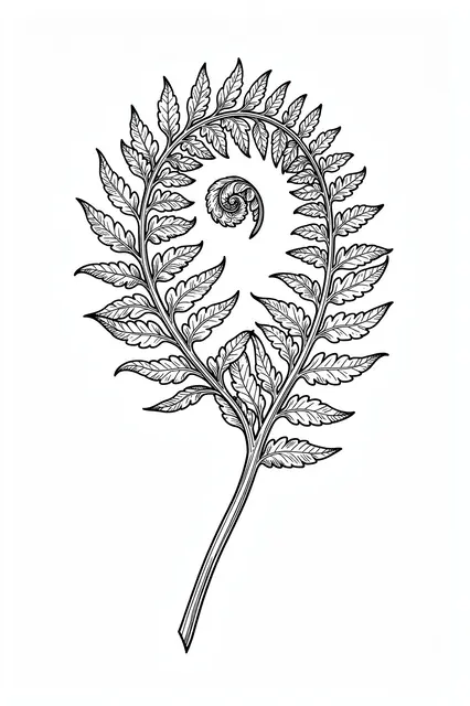 Detailed black line art of an unfurling fern frond on a plain white background