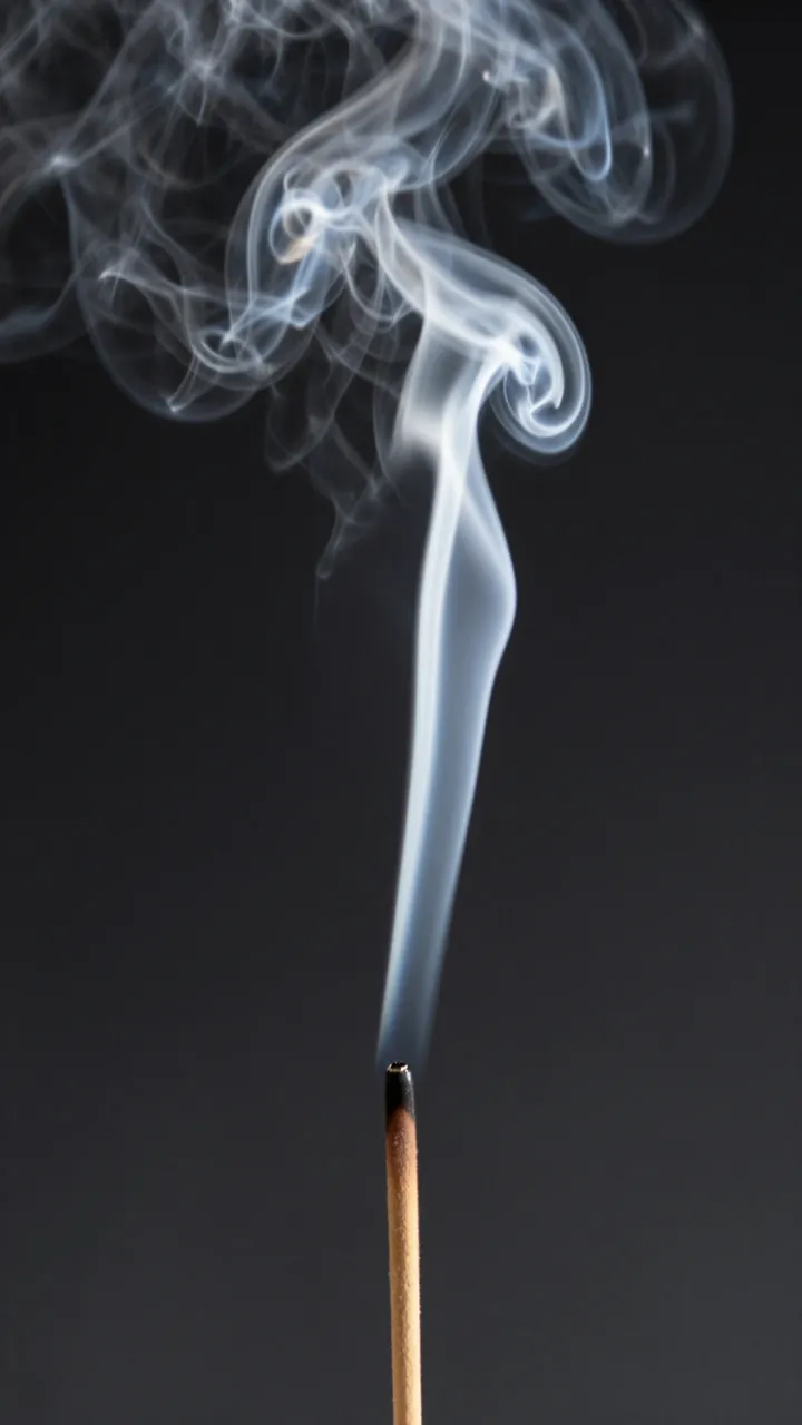 Delicate wispy incense smoke curls upward from a burning stick against a dark black background