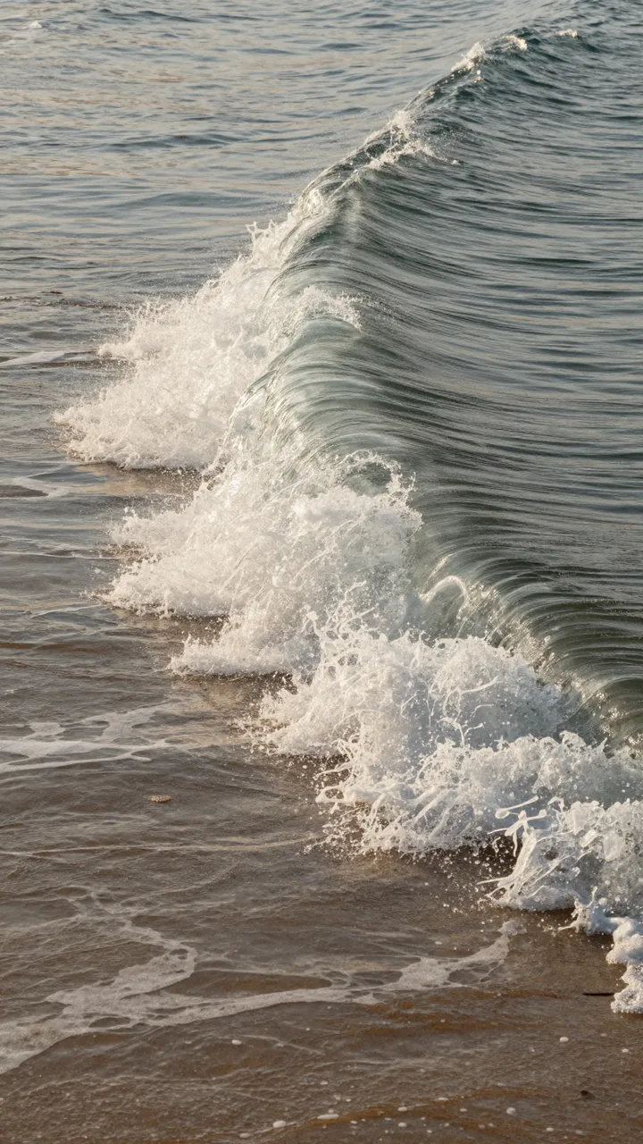 A small curling ocean wave breaks gently over wet sandy beach at golden hour