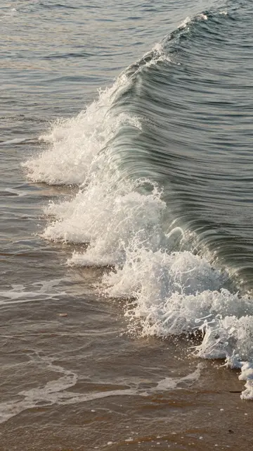 A small curling ocean wave breaks gently over wet sandy beach at golden hour