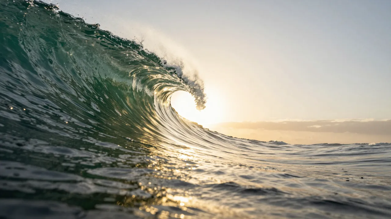 A glassy curling ocean wave backlit by the low glowing sun at sunset