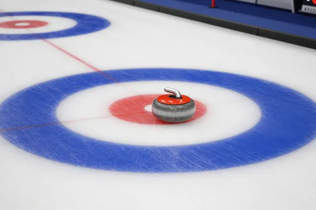 A single red-handled curling stone rests inside the painted house circles on a fresh curling rink.