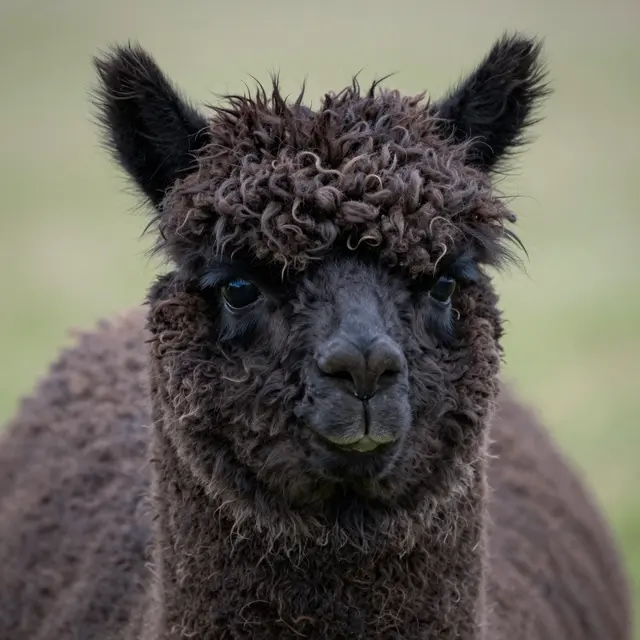 A close-up portrait of a dark curly-fleeced alpaca facing the camera directly against a blurred green background.