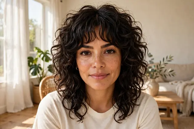 Portrait of a Latina woman in her thirties with curly hair, seated in a sunlit bright living room wearing a plain cream top
